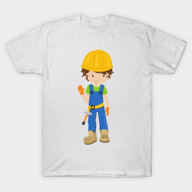 Construction Worker, Brown Hair, Cute Boy, Hammer T-Shirt by Jelena Dunčević